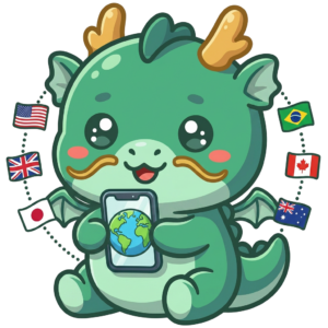 世界の国旗に囲まれ地球が映ったスマホを持つ小龍eSIMのマスコット