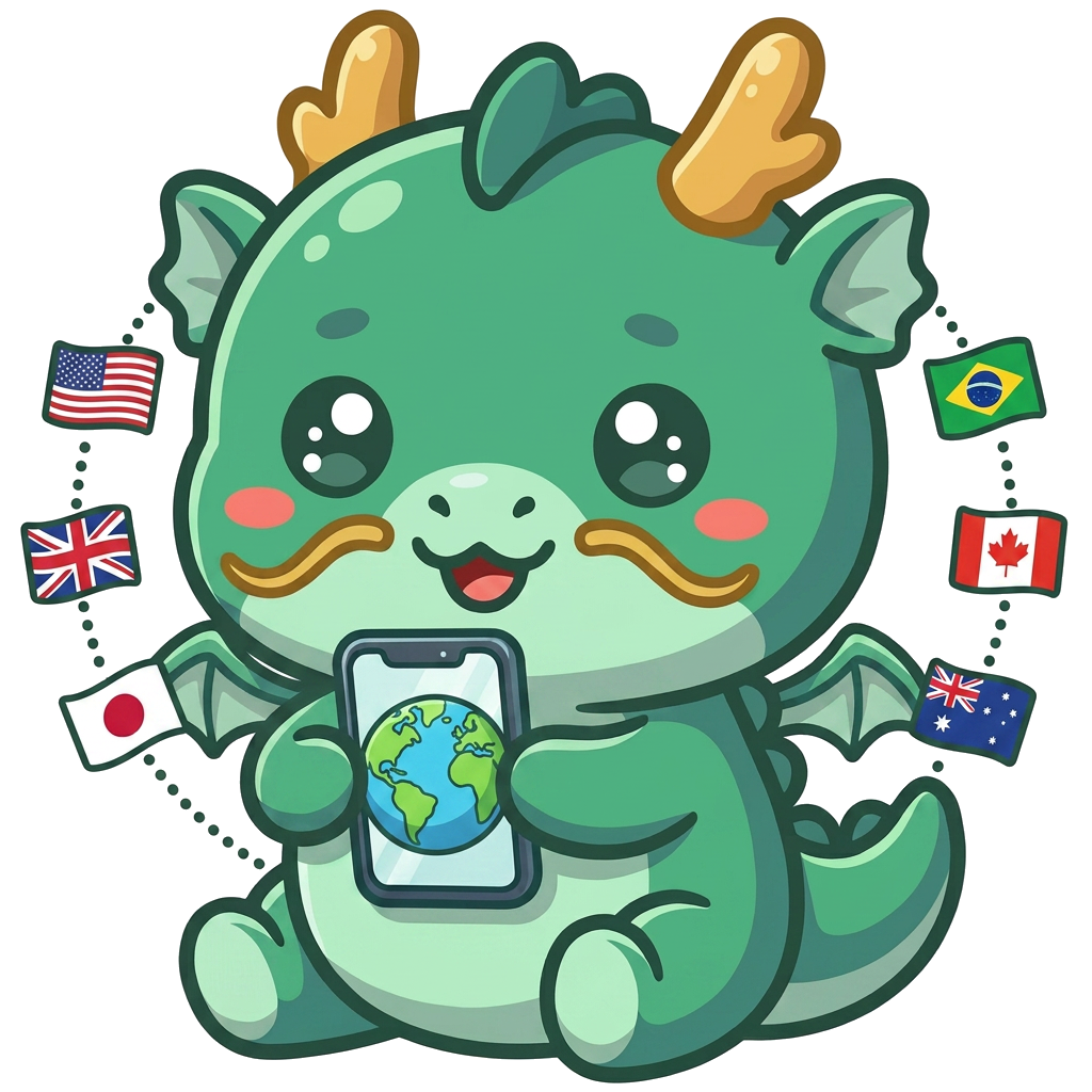 世界の国旗に囲まれ地球が映ったスマホを持つ小龍eSIMのマスコット